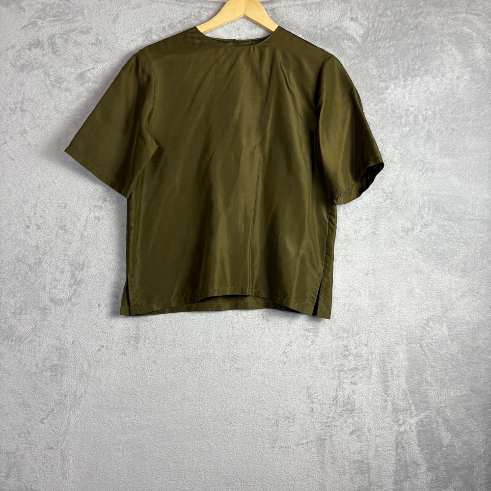 Sandwash Silk Blouse Small Olive Green Short Sleeve Button Back Top Minimalist